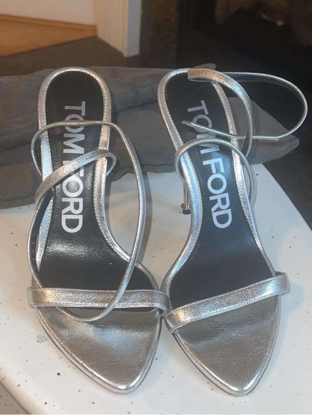 Tom Ford Metallic Silver Strappy Pointed-Toe Heels